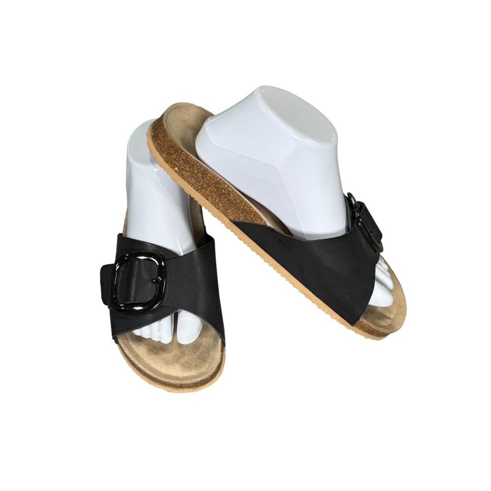 True Craft Womens Black Slide Sandals With Buckle Detail & Cushioned Footbed Siz
